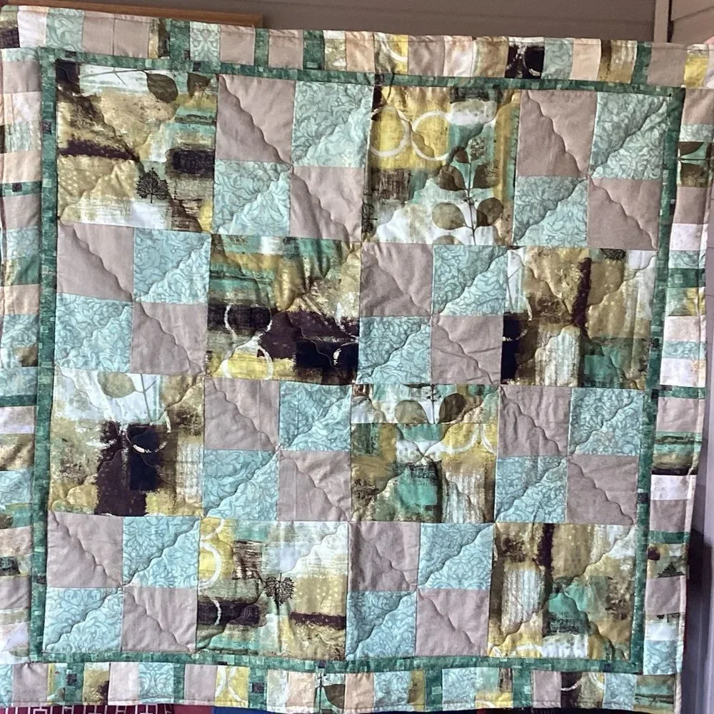 NWT Hand Crafted Greens and Golds Nature Prints Lap Quilt